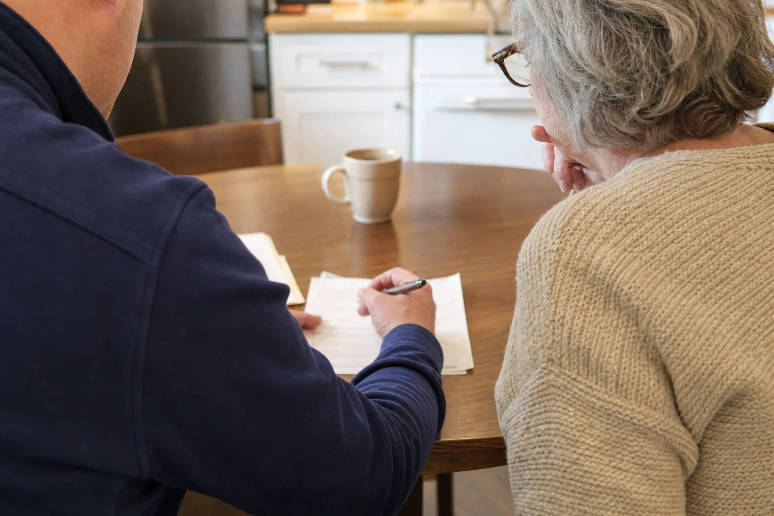 Over-the-shoulder view of a man in a navy pullover filling out a paper form at a wooden kitchen table beside a gray-haired woman in glasses, with a coffee mug nearby