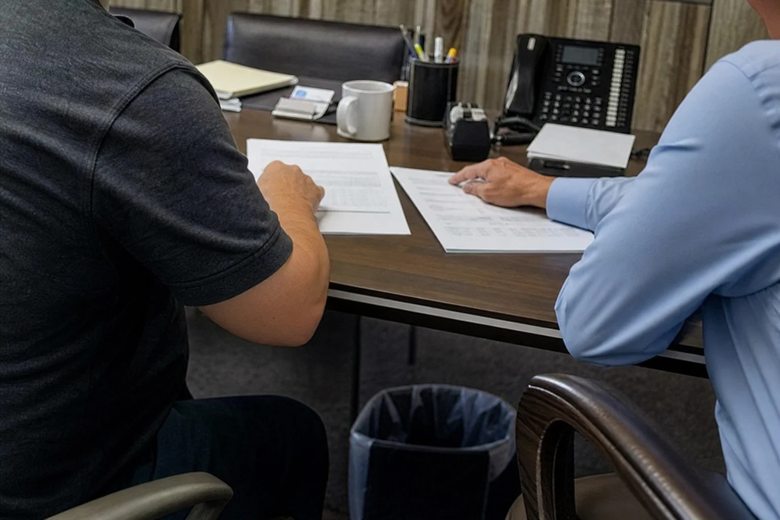 Two men seated at an office desk reviewing two printed documents side by side, with a desk phone, coffee mug, pen cup and wastebasket nearby