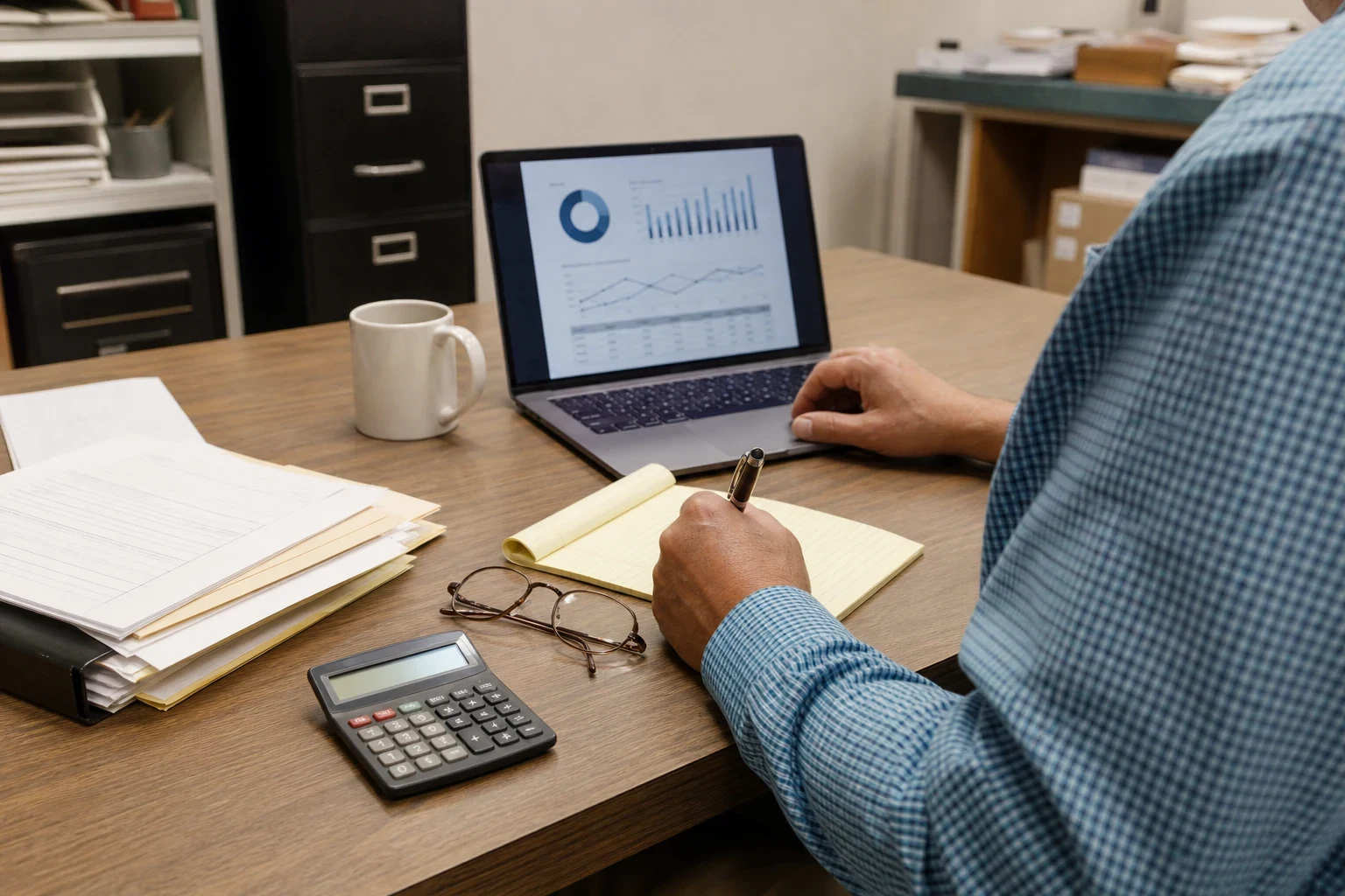 Man in a checked shirt writing on a yellow legal pad at an office desk with a laptop showing charts, calculator, reading glasses, mug and file folders