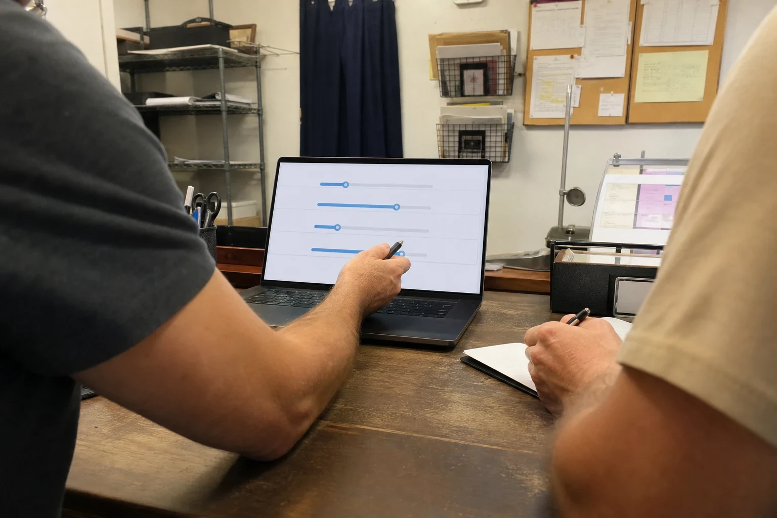 Over-the-shoulder view of a man pointing a pen at slider options on a laptop while another person takes notes at a wooden desk in a small back office