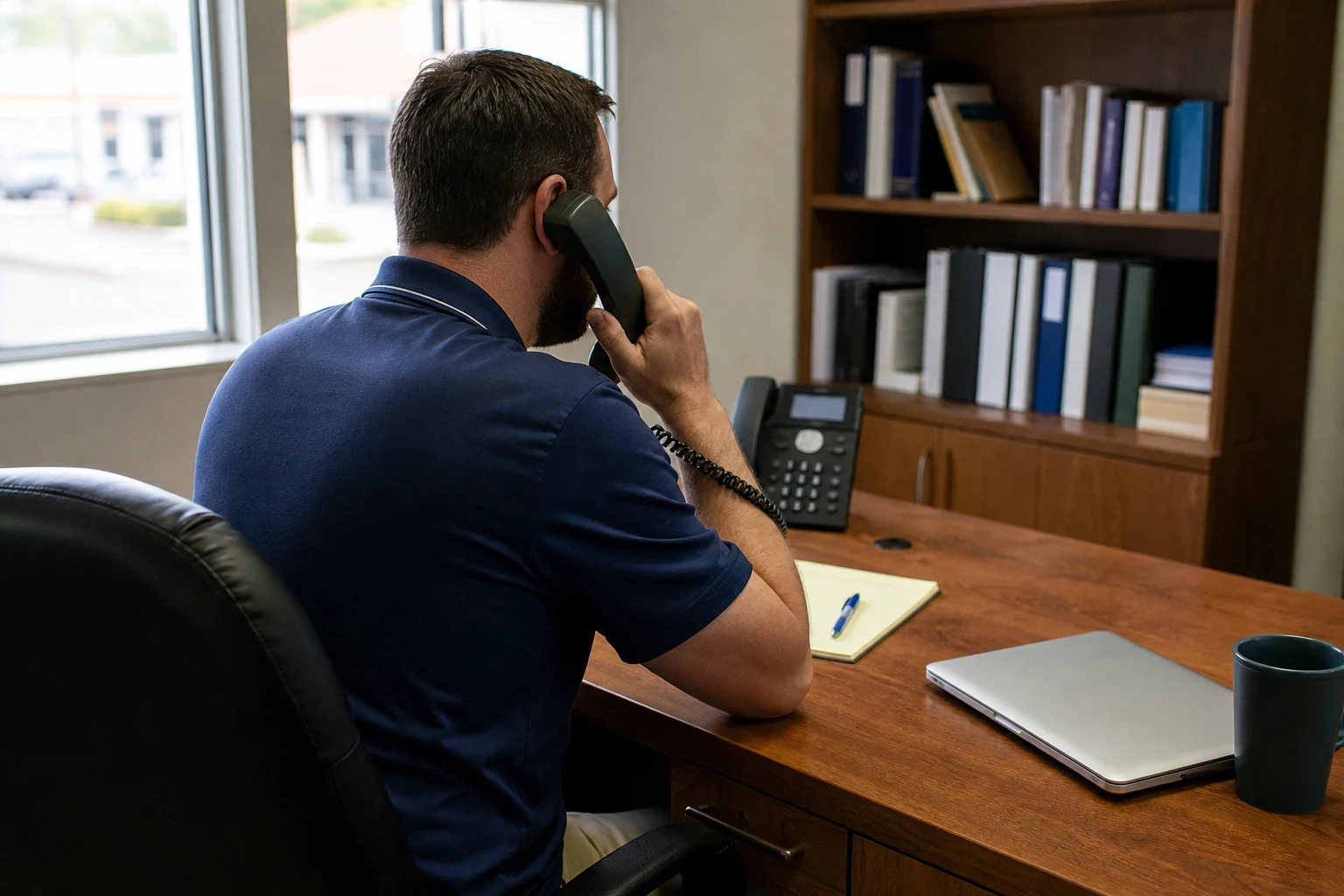 Man in a navy polo talking on a desk phone at a wooden office desk with a notepad, pen, closed laptop and mug, bookshelf of binders beside a window